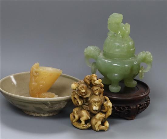 A Chinese hardstone censer, libation cup, bowl and resin group of monkeys